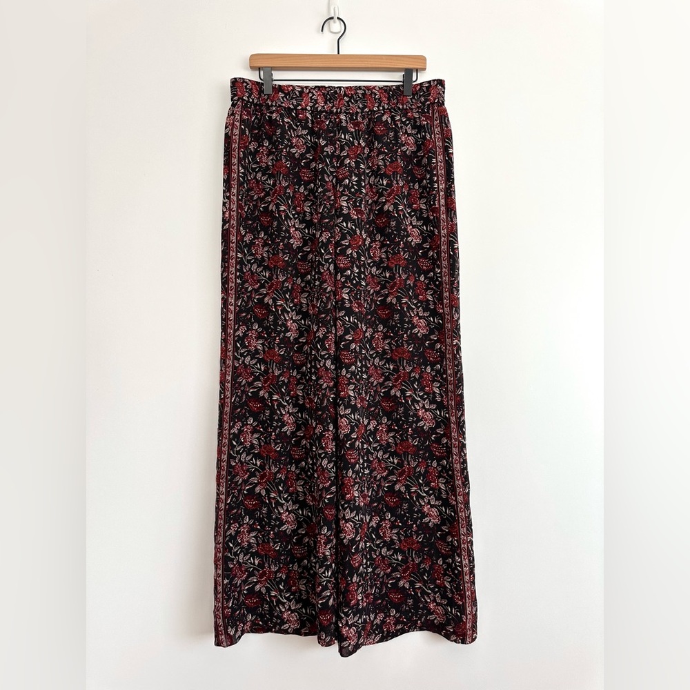 Joie wide leg 100% silk floral burgundy print drawstring pants